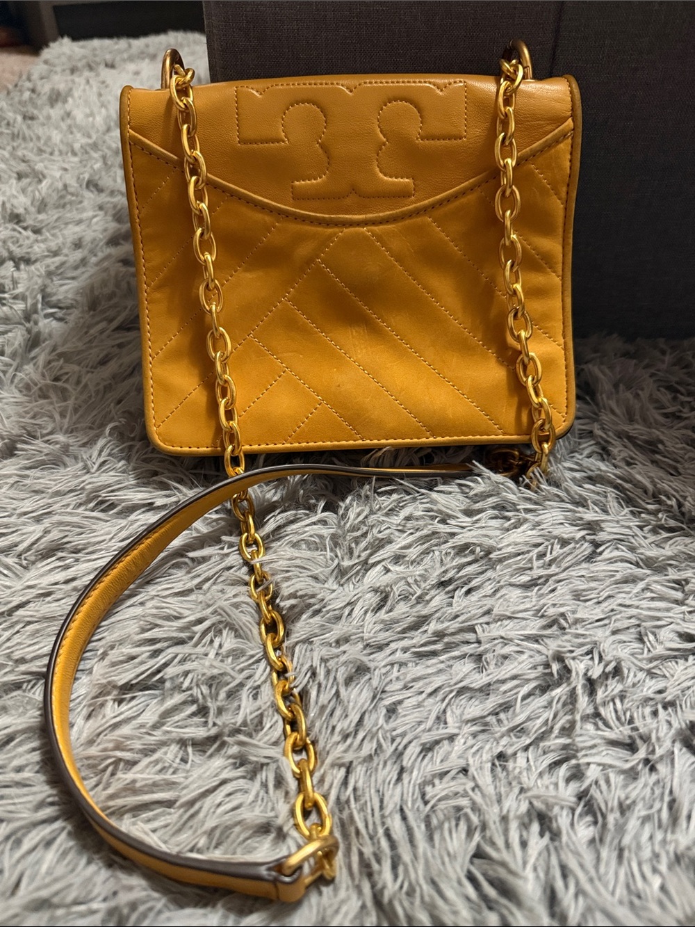 Tory Burch Mustard Yellow Quilted Leather Chain Crossbody